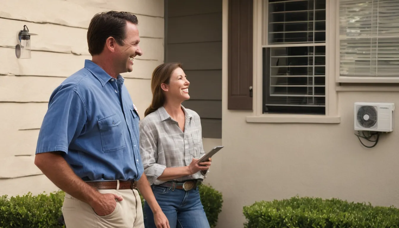 A friendly local provider showing a homeowner a new outdoor AC unit beside a stucco home in Orange